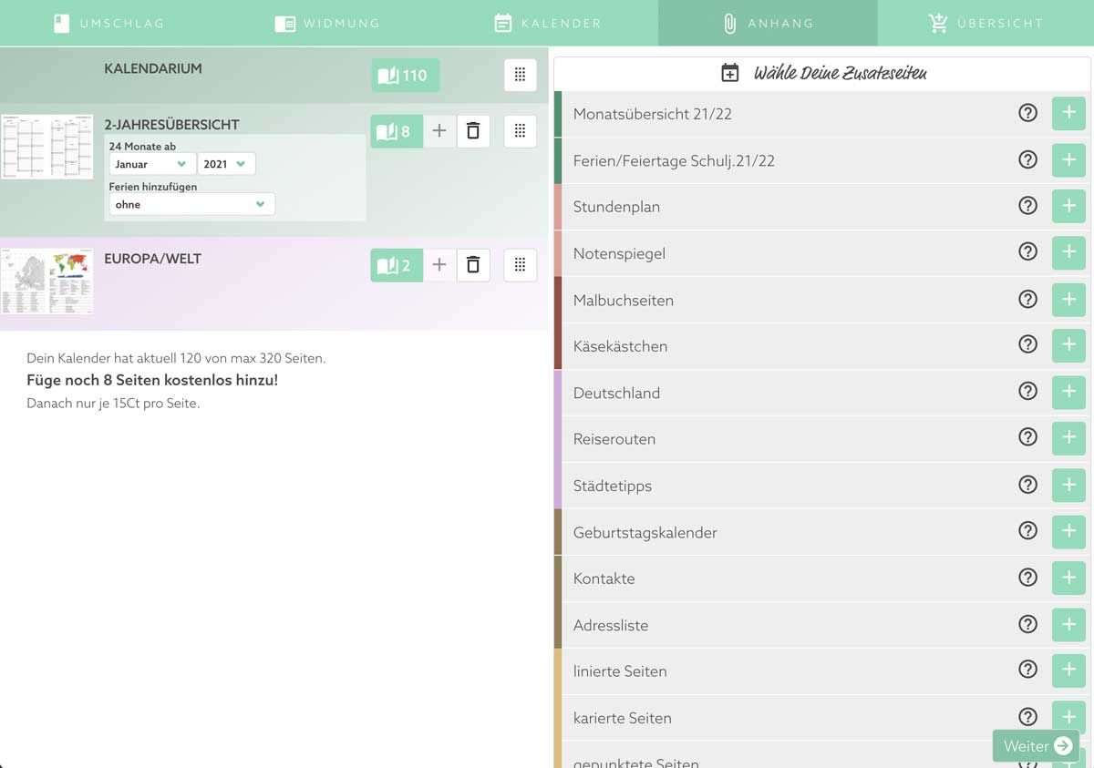 Beispielbild: Auswahl von Anhangseiten, Notizlinien und Karos